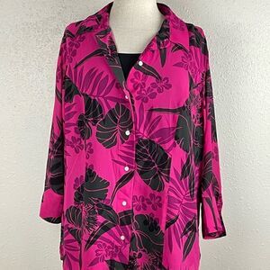 EUC Laura Scott Womens Floral Button Down Pink and Black Blouse Size 16W